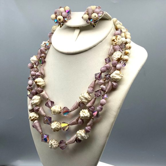 Vintage Fabiola Purple Parure, Triple Strand Beaded Choker and Matching Clip On - Picture 3 of 6
